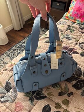 Compact Pebbled Mini Bag in Light Blue with Double Top Handles
